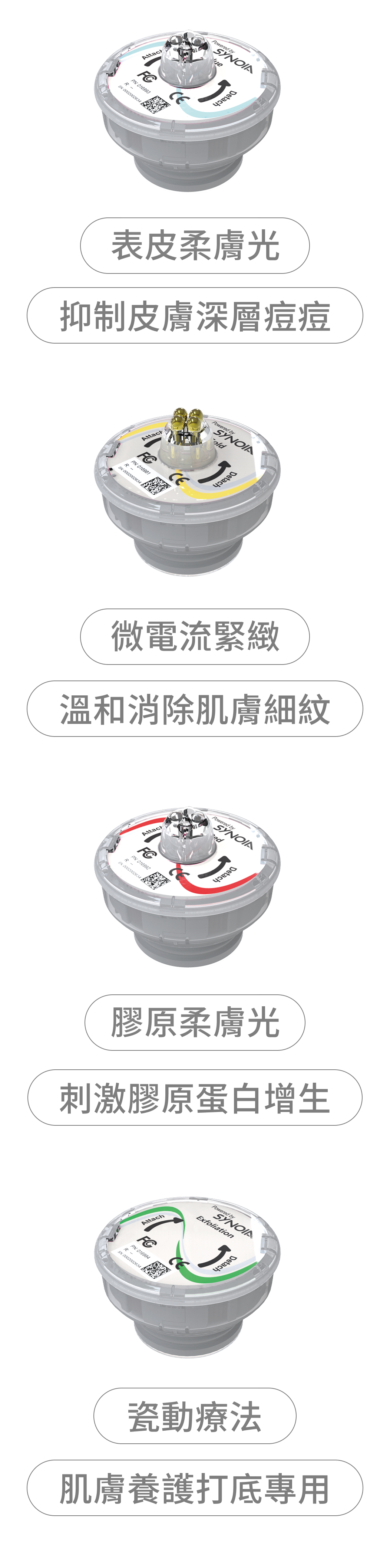 表皮柔膚光-抑制皮膚深層痘痘;微電流緊緻-溫和消除肌膚細紋;膠原柔膚光-刺激膠原蛋白增生;瓷動療法-肌膚養護打底專用